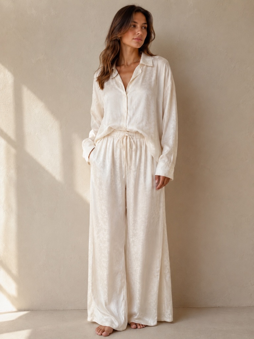Satin Jacquard Matching Set | Relaxed Button Up, Wide Leg Pants, Head Scarf